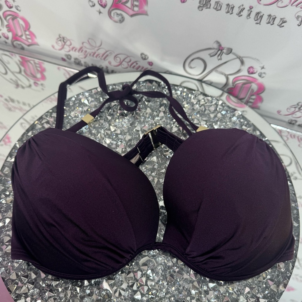Victoria secret bikini top cupped dark shiny Purple Halter Bikini Top gold